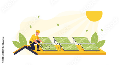 Worker Installing Solar Panels on Rooftop for Sustainable Energy Production