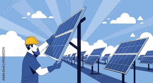 Worker Installing Solar Panels in a Sunny Field for Renewable Energy