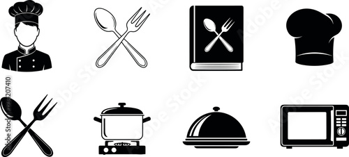Cooking and kitchen vector icon set with chef hat utensils cookbook pot and microwave symbols