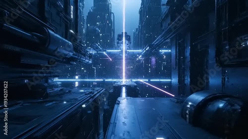 Futuristic Cityscape with Neon Lights and Technology.