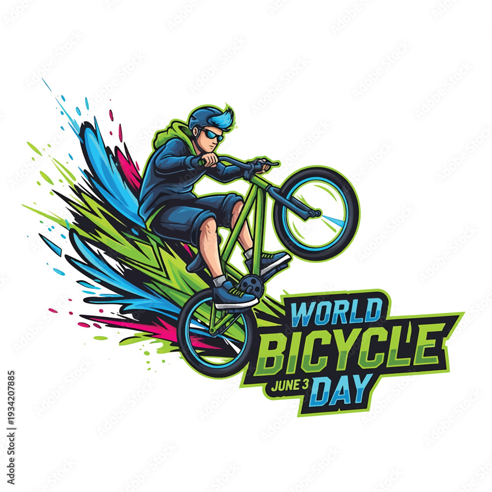 Naklejka premium World Bicycle Day guy performing stunt on green BMX with colorful splash background