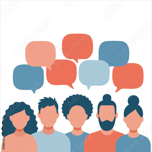 Vector illustration of black community communication with people icons and speech bubbles on white background