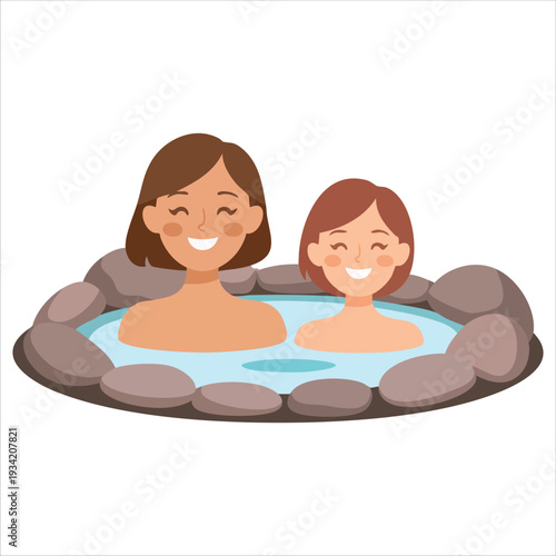 Vector illustration of female character enjoying hot spring isolated on white background