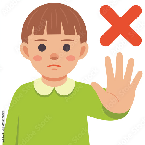 Isolated vector design of boy character showing refusal expression on white background