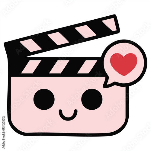 Kawaii clapperboard mascot flat cartoon style vector icon for movie concept on white background