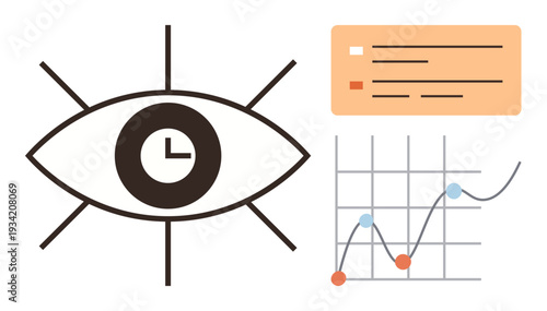 Analytics, time tracking, visualization, report generation, market research, productivity tools. Eye with clock, data chart and graph. Analytics and time tracking concept