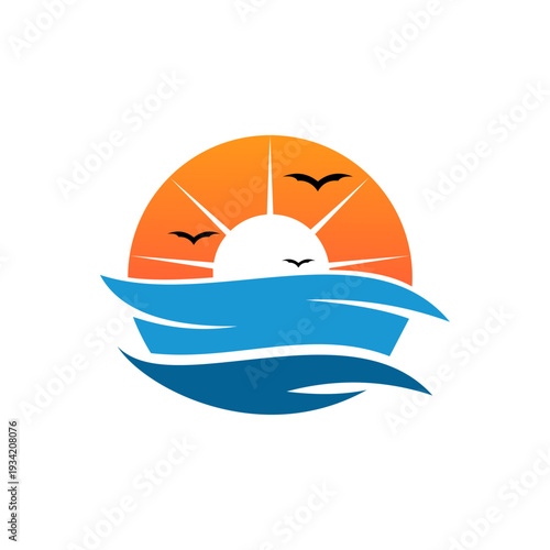 Simple sunset logo on the beach with calm waves, Vector illustration.