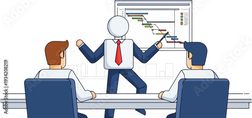 Business presentation with a presenter and two attendees in a meeting room setting