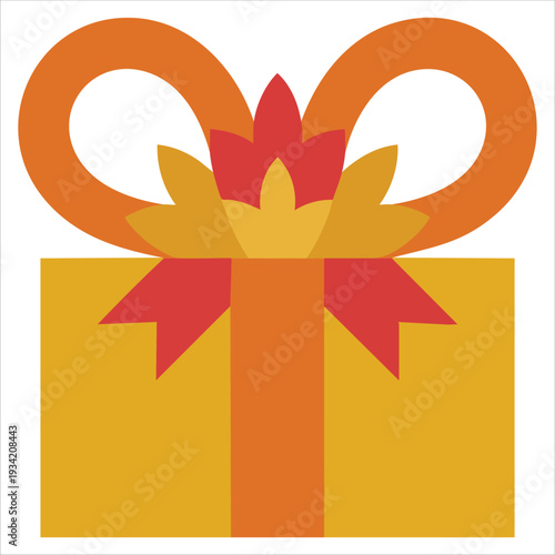 Vector illustration of golden gift box with orange bow and autumn leaves for seasonal celebration on white background