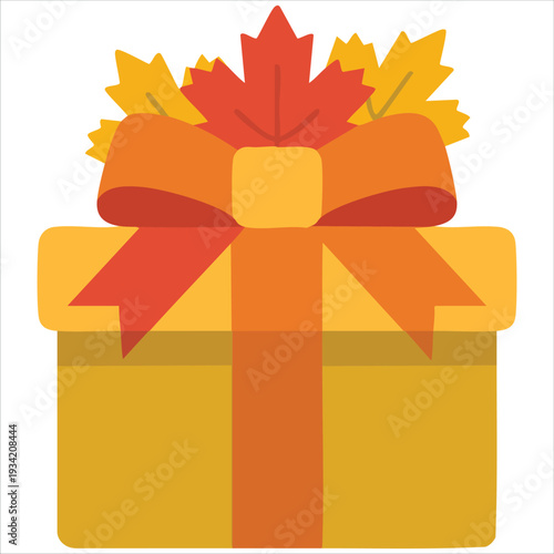 Isolated vector design of festive gift box with orange ribbon and colorful autumn leaves on white background