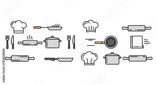 A flat 2D pattern of various horizontal cooking utensils and tools, including rolling pins, pots, pans, and chef hats, arranged in a neat and organized layout.