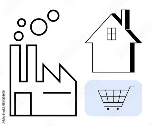 Industry, commerce, housing, trade, production, shopping. Factory with smoke stacks, a house icon and a shopping cart. Industry and commerce highlighted with these symbolic visuals