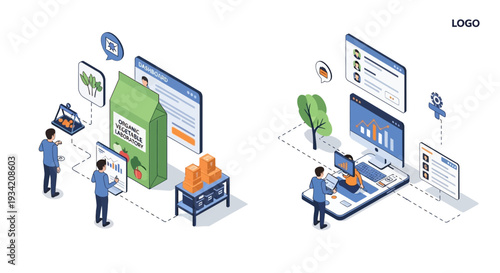 Illustrations depicting the process of product management and data analysis in a business context.