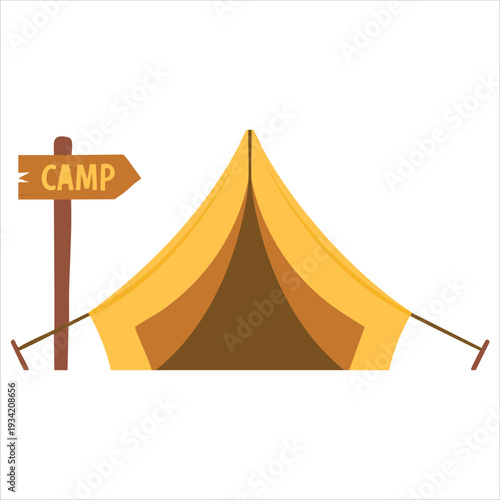 Vector illustration of yellow tourist camping tent for outdoor equipment and travel concept on white background