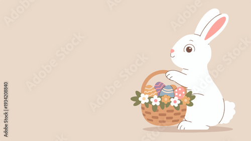 White easter bunny holding colorful flower basket with eggs on pastel background