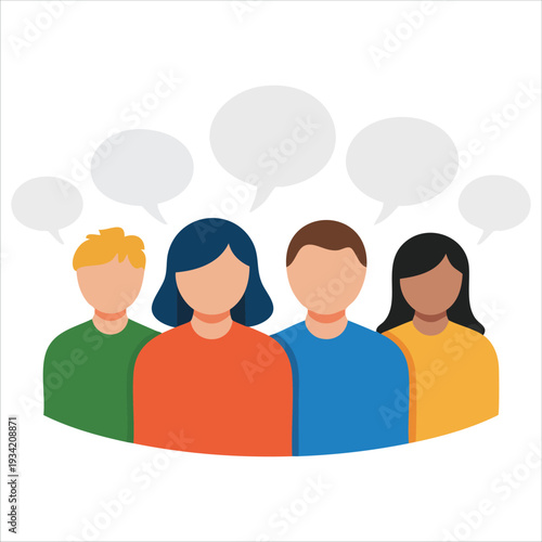 Flat design vector illustration of four friends talking and communicating together on white background