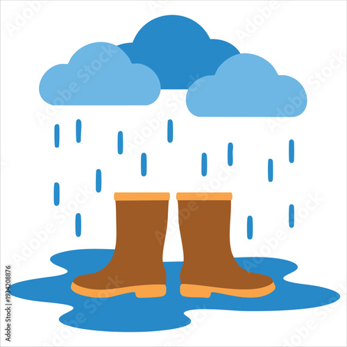 Vector illustration of rubber boots in puddle for rain weather concept isolated on white background