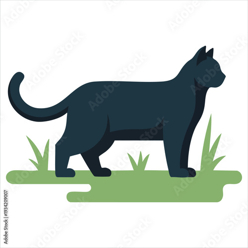 Flat vector illustration of cute animals collection with black cat sitting on grass on white background