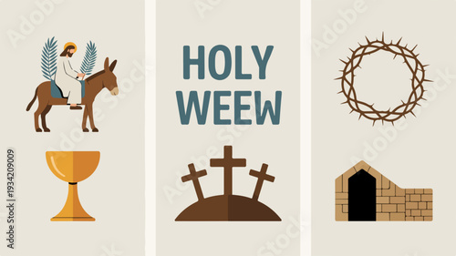 Holy week symbols donkey palm leaves crown of thorns chalices crosses on hill empty tomb