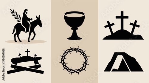 Easter symbols and christian icons including donkey chalice crosses crown of thorns and tent on beige background