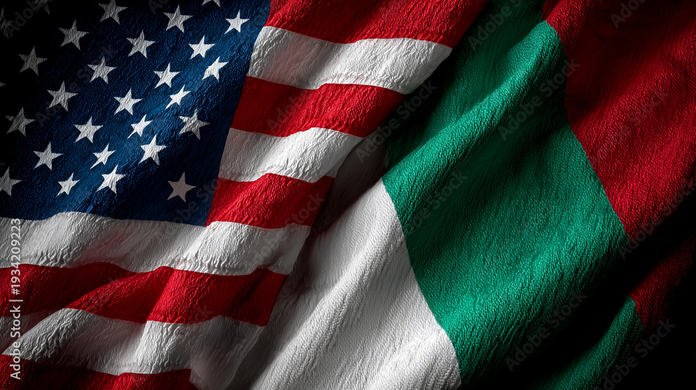 Fototapeta premium Cultural exchange event featuring american and italian flags global unity textile art close-up celebration of diversity