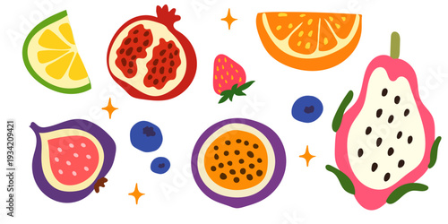 Cartoon Tropical Fruit. Pear,  Orange, Lime, Fig, Dragon Fruit, Pomegranate, Strawbwry. Vibrant Food Icon for Birthday Party Menu. Retro  Summer Beach Card Symbol. Kid T Shirt Happy Positive Print.