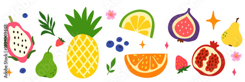 Cartoon Tropical Fruit Set. Pear, Pineapple, Orange, Lime, Fig, Dragon Fruit, Pomegranate. Vibrant Food Icon for Birthday Party Menu. Retro  Summer Beach Card Symbol. Kid T Shirt Happy Positive Print.
