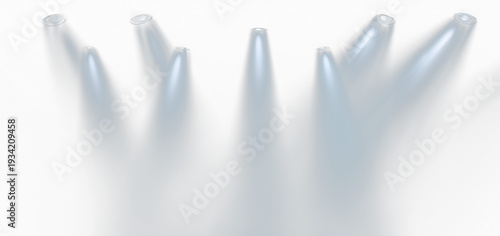 Eight projectors emitting blue-white light downward on a dark background. Dynamic stage lighting effect. PNG format.