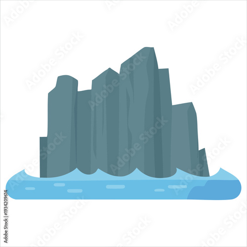 Flat style vector illustration of rocks in sea with crashing waves and foam isolated on white background