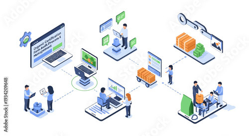 Isometric illustration depicting a connected digital workflow, showcasing data management, collaboration, and logistics in a modern business environment.