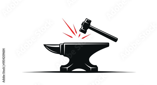 Dynamic vector illustration features a blacksmith's heavy hammer striking a solid anvil, creating bright red sparks, representing forging, strength, and traditional craftsmanship.