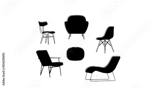 Rust Seating Furniture Icons Set with Scandinavian and Contemporary Chairs Minimal Line Vector