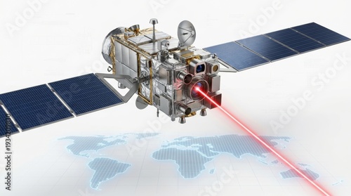 Space satellite transmitting red laser beam over world map