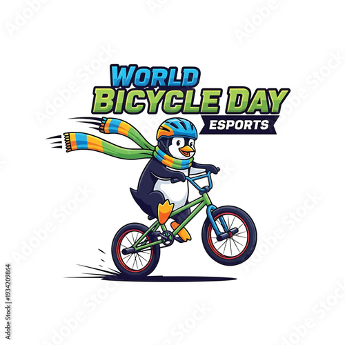 World Bicycle Day Esports penguin riding bike with scarf and helmet