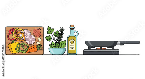 Flat 2D horizontal pattern of a kitchen counter with a cutting board of vegetables, a bowl of greens, a bottle of oil, and a pan on a stove for cooking.
