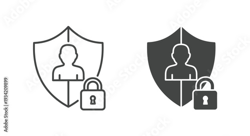 Vector graphic illustration set depicting user data protection security emblem with a shield outline and solid versions