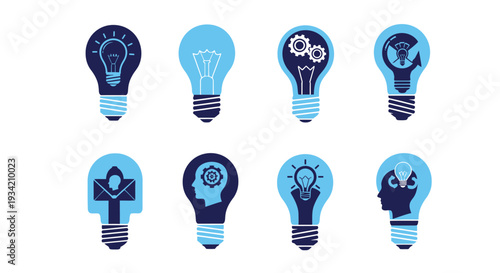 A collection of diverse vector lightbulb illustrations representing creative ideas, innovation, problem-solving, thought processes, and communication in business and technology design.