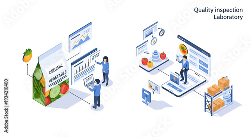Illustrations of a quality inspection laboratory for organic vegetables and fruits, showcasing data analysis and product quality control.