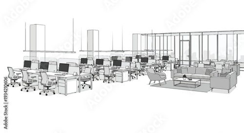 A modern office interior with a horizontal layout, featuring a spacious open area with multiple workstations and a comfortable seating section, set against a clean white background with ample copy