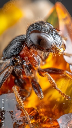 theosophy. An insect preserved inside a piece of amber with detailed texture. wildlife magazines, conservation campaigns, designed for eco-tourism storytelling, celebrates biodiversity.

