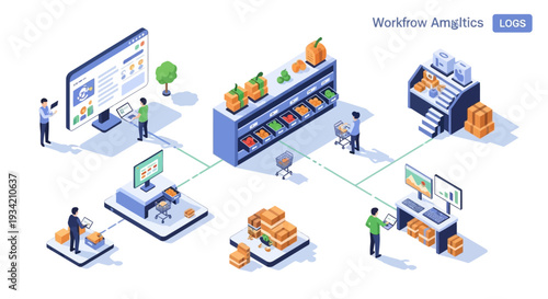 Isometric illustration depicting a modern retail workflow, showcasing inventory management, customer service, and digital integration in a business setting.