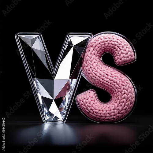 3d versus typography, crystal and pink yarn, contrasting textures