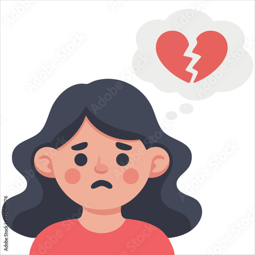 Vector illustration of sad woman with broken heart in thought bubble for greeting card design on white background