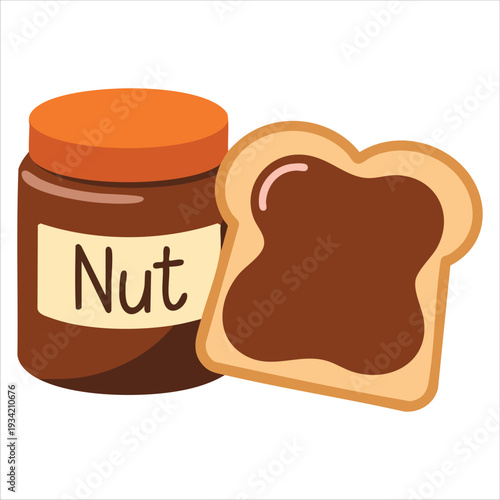 Vector illustration of open jar with chocolate nut cream and sandwich for breakfast concept on white background