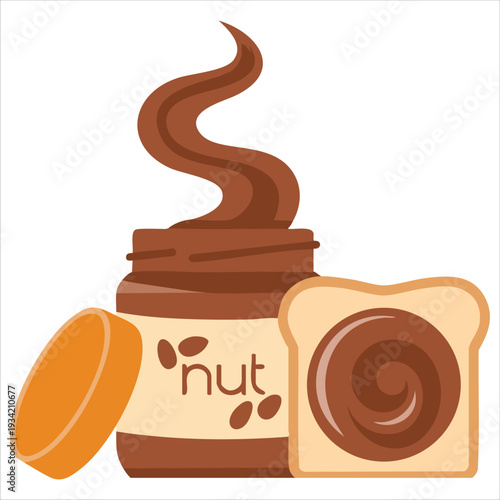 Isolated vector design of chocolate spread jar and bread for delicious snack concept on white background