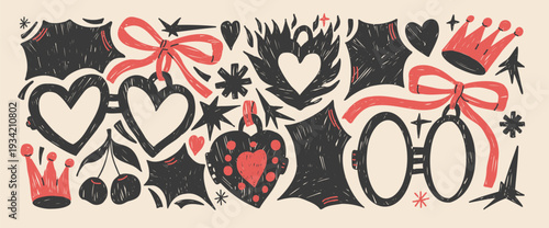 Hearts couple locket with bang text box scribbles. Crayon fire heart with crown, stars set. Funky callout elements with girly shape. Vector hand drawn soulmate or bachelorette illustration on beige bg