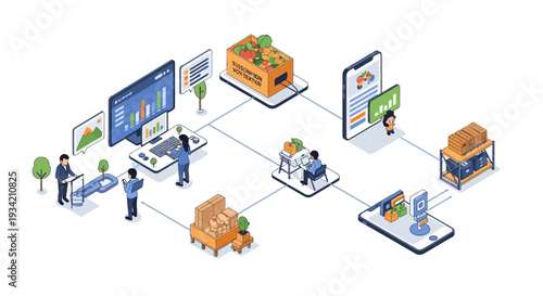 Illustration of a digital supply chain management system for a farm-to-table business, showing data analysis, order fulfillment, and delivery tracking.