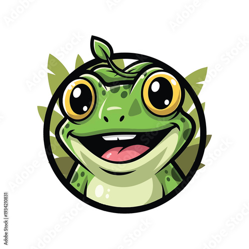 Cartoon Green Frog Mascot Face with Big Eyes