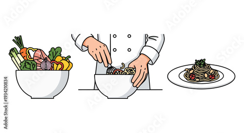 Flat 2D illustration of a chef cooking with a pattern of vegetables and a finished dish in a horizontal layout.