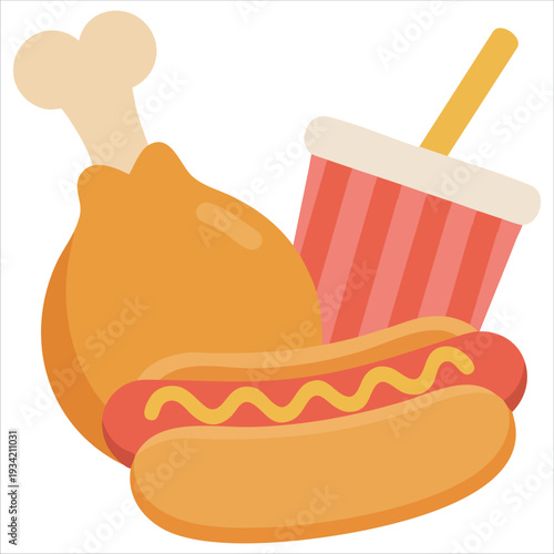 Vector illustration of crispy fried chicken and hot dog for food concept on white background
